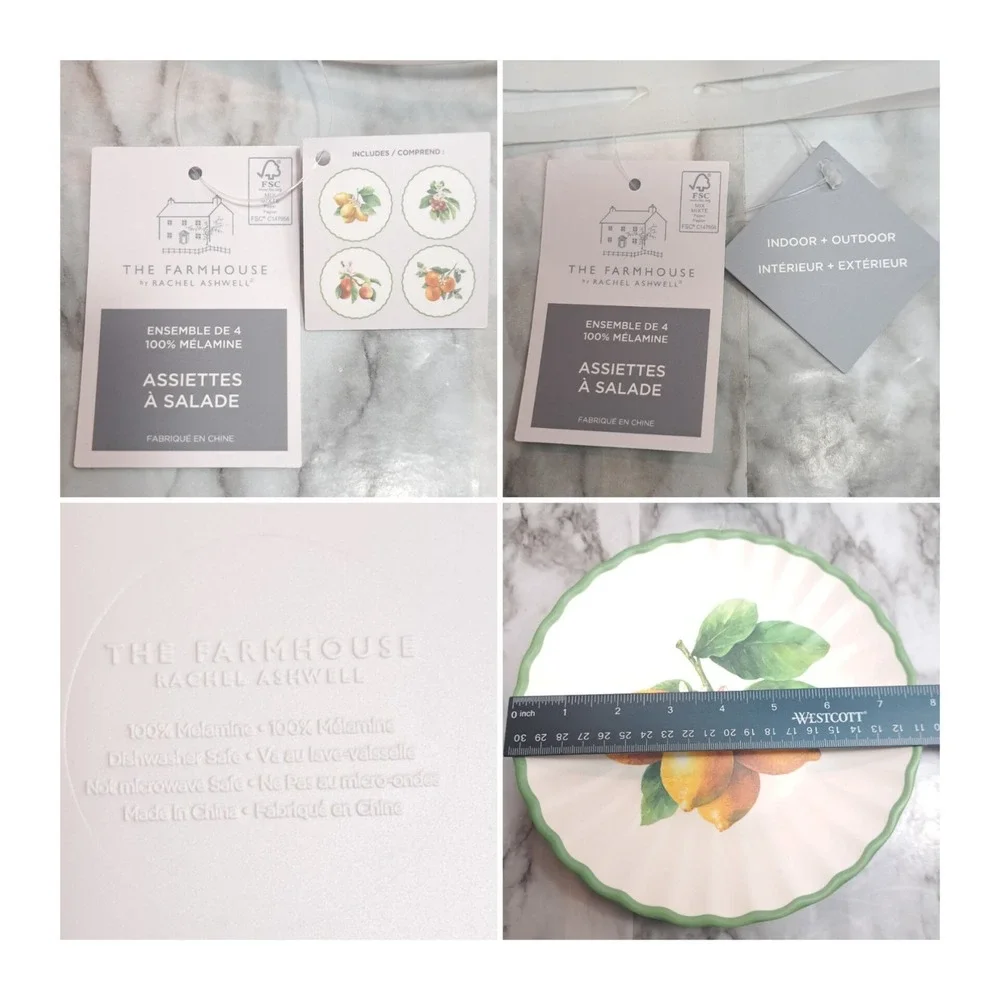 Set of 4 The Farmhouse Salad Plates‎ 100% Melamine Dishwasher Safe Fruit Themed